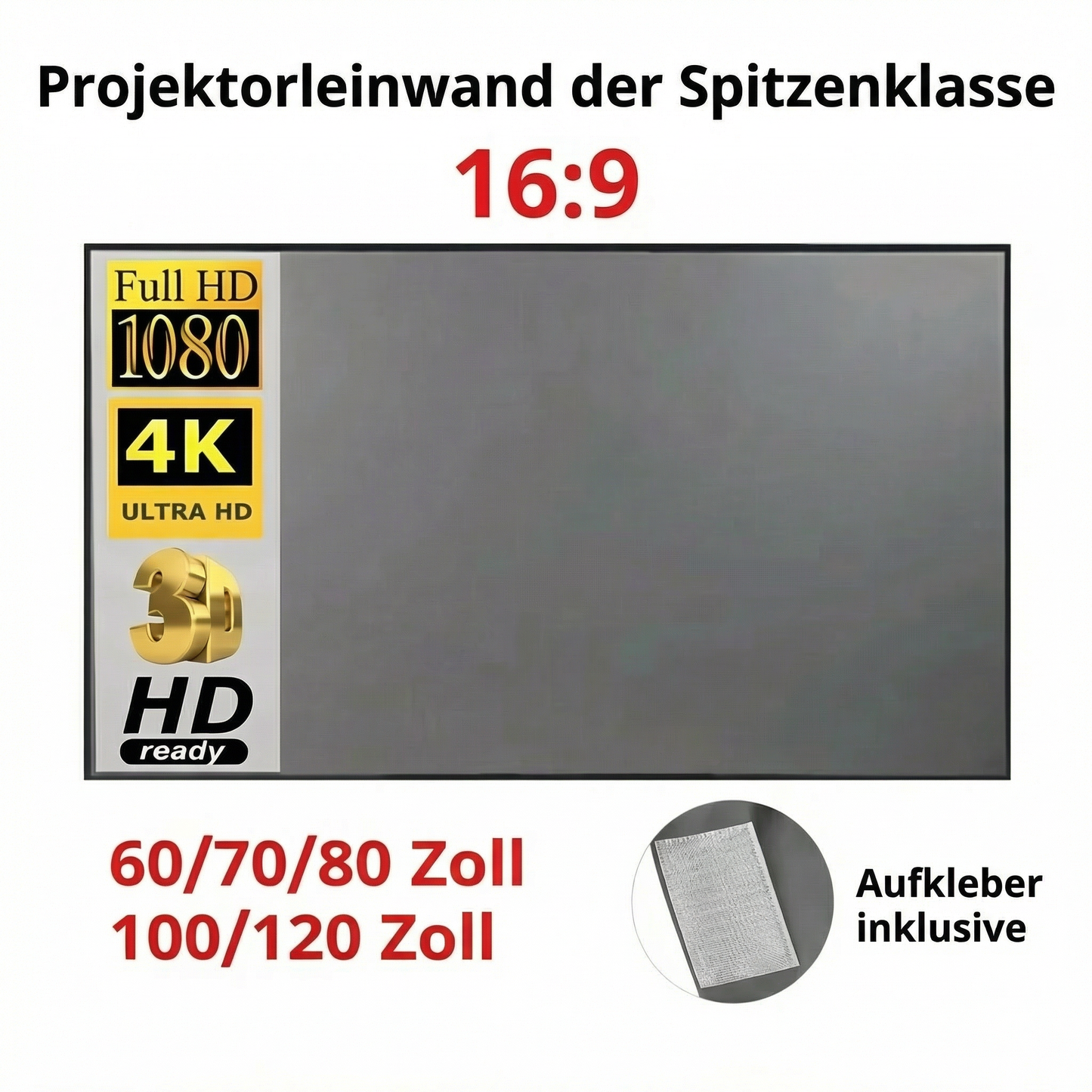 Hochwertige 16:9-Projektionsleinwand – Full HD &amp; 4K – Selbstklebende Aufhängung